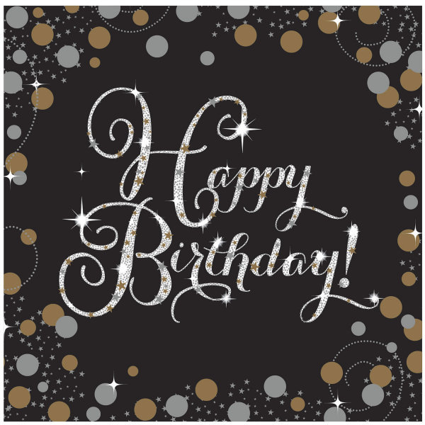 Eleganckie urodziny - Serwetki 33cm czarne "Happy Birthday" 16 sztuk