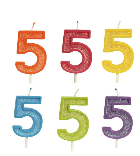 Świeczka cyferka 5 brokatowa kolorowa 1 sztuka