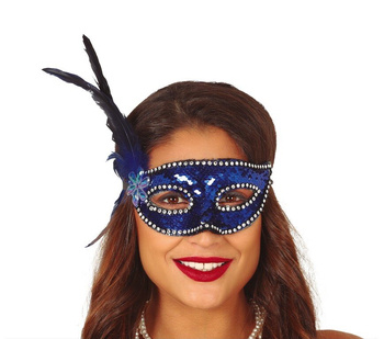 Maska karnawałowa "cekiny z piórem" niebieska