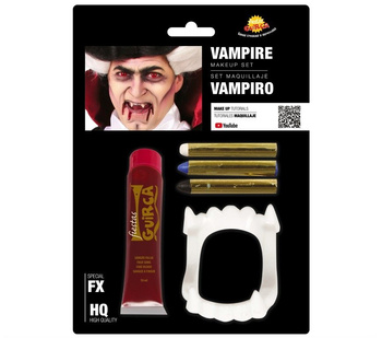 Sztuczna krew + zęby wampira + kredki do twarzy