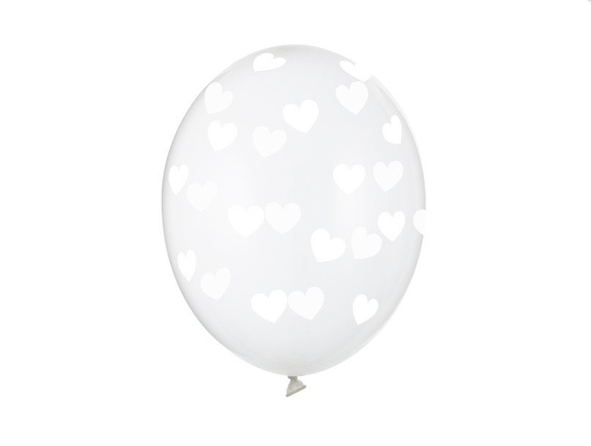 Balony 12'' nadruk "Serduszka" clear / białe 6 sztuk