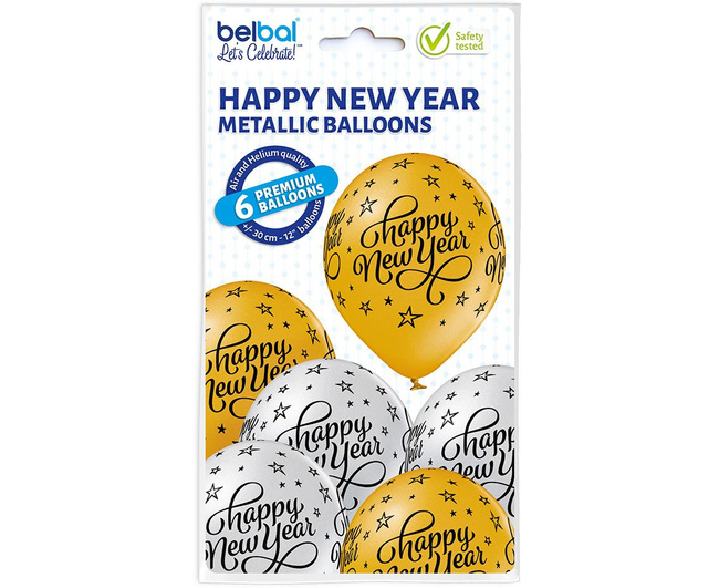 Balony 12" nadruk "Happy New Year" złote, srebrne 6 sztuk