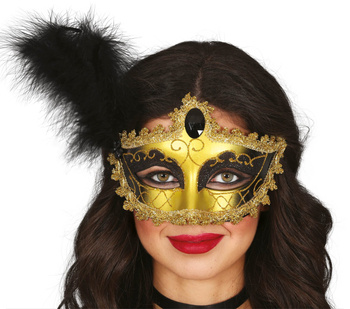 Maska karnawałowa z piórem czarno - złota