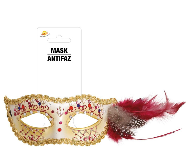 Maska karnawałowa kremowo-złota z piórem