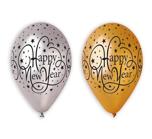 Balony 12" nadruk "Happy New Year" złote, srebrne 6 sztuk