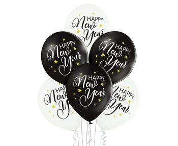 Balony 12" nadruk "Happy New Year" czarne, białe 6 sztuk