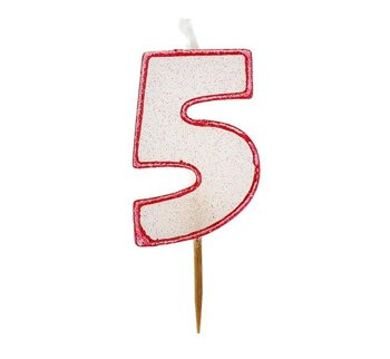 Świeczka cyferka 5 brokatowa z czerwonym konturem