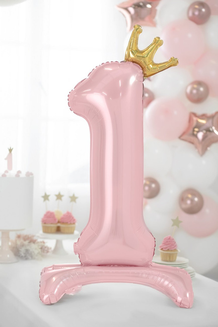 Balon stojący AIR 34" cyfra 1 w koronie różowa