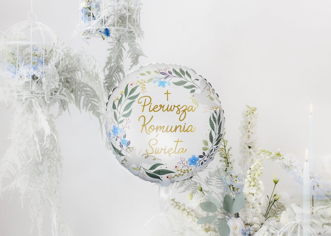 Balon foliowy 18" Komunia Święta, biały wieniec