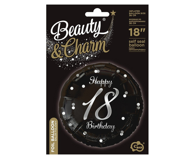 Balon foliowy 18" Urodzinowy numer 18 czarny w grochy