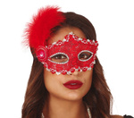 Maska karnawałowa "Koronka + pióra" czerwona