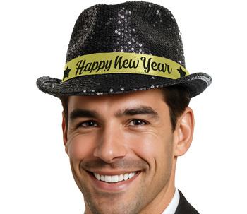 Noworoczny kapelusz w cekiny - Czarny z napisem