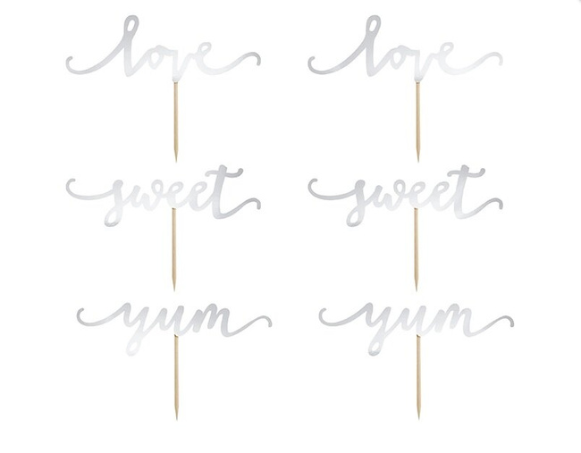 Dekoracja Muffinek pikery LOVE, SWEET, YUM srebrne 6 sztuk
