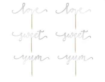 Dekoracja Muffinek pikery LOVE, SWEET, YUM srebrne 6 sztuk
