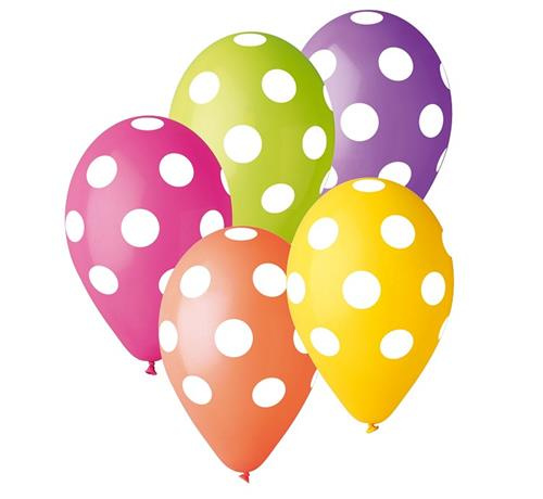 Balony 12" nadruk "Kropki" kolorowe / białe groszki 5 sztuk