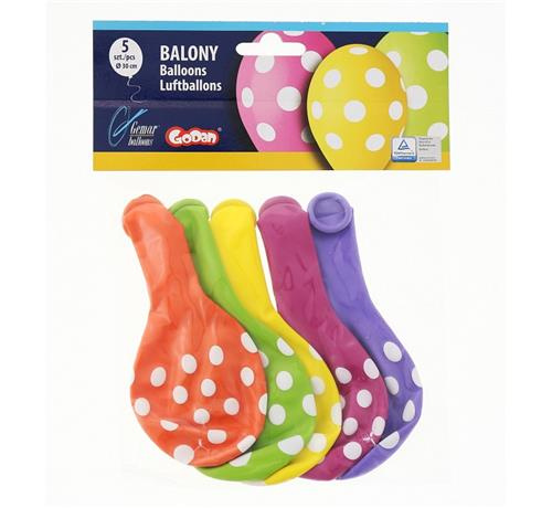 Balony 12" nadruk "Kropki" kolorowe / białe groszki 5 sztuk