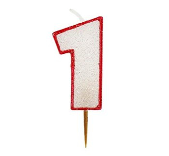 Świeczka cyferka 1 brokatowa z czerwonym konturem