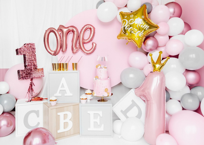 Balon foliowy 34" cyfra 1 w koronie różowa