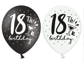 Balony 14" cyfra "18th birthday" czarne i białe 6 sztuk