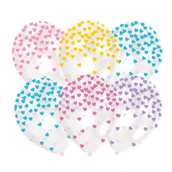 Balony 14'' nadruk "Serduszka" clear / kolor pastel 6 sztuk