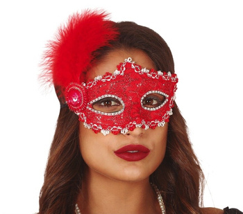 Maska karnawałowa "Koronka + pióra" czerwona
