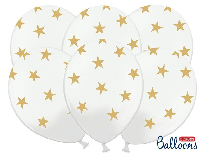 Balony lateksowe 14" z nadrukiem "Gwiazdki złote" białe 6 sztuk