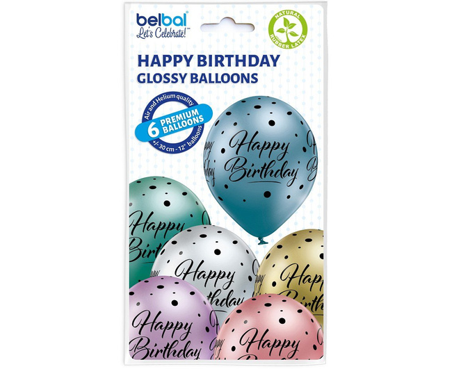 Balony 12" nadruk "Happy Birthday" chrom mix 6 sztuk