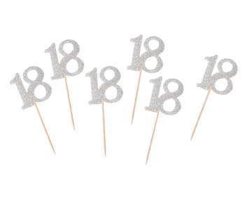 Dekoracja Bufetu - Pikery srebrne cyfra 18, 6 sztuk