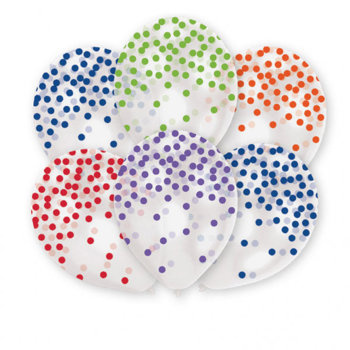 Balony 14'' nadruk "Konfetti" clear / kolor tęczowy 6 sztuk