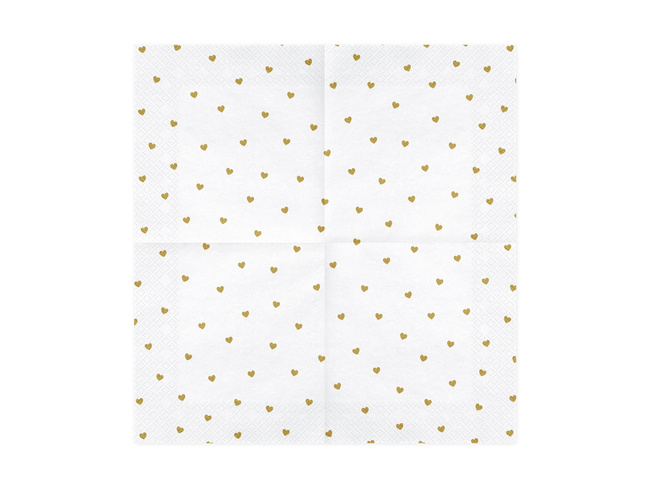 Serwetki białe w serduszka złote 33cm 20 sztuk