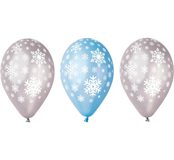 Balony 12" nadruk Płatki Śniegu srebrny, niebieski 5 sztuk