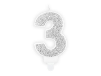 Świeczka urodzinowa srebrny brokat Cyfra 3