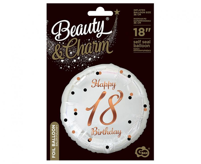 Balon foliowy 18" Urodzinowy numer 18 biały w grochy