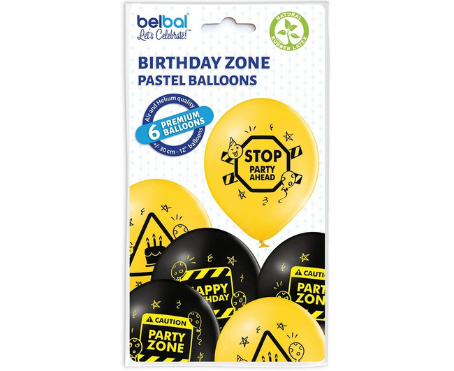 Balony 12" nadruk "Birthday Zone" czarno-żółte 6 sztuk