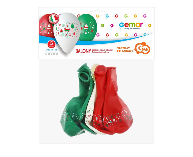 Balony 12" z nadrukiem "Świąteczne Mikołaje" 5 sztuk