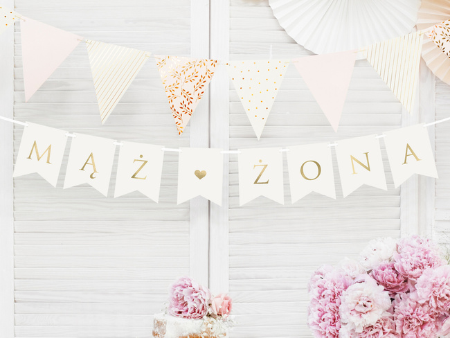 Baner ślubny "Mąż Żona" biało / złoty 1,1m