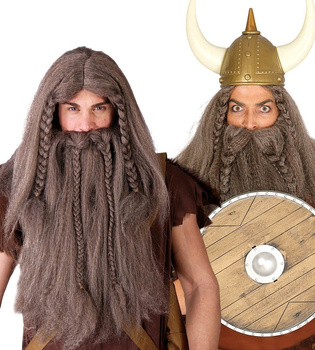 Peruka męska + Broda "Wiking" z warkoczami szara