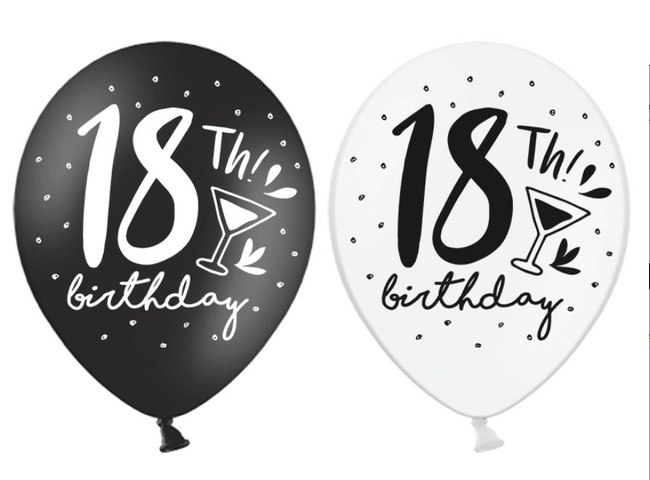 Balony 14" cyfra "18th birthday" czarne i białe 6 sztuk
