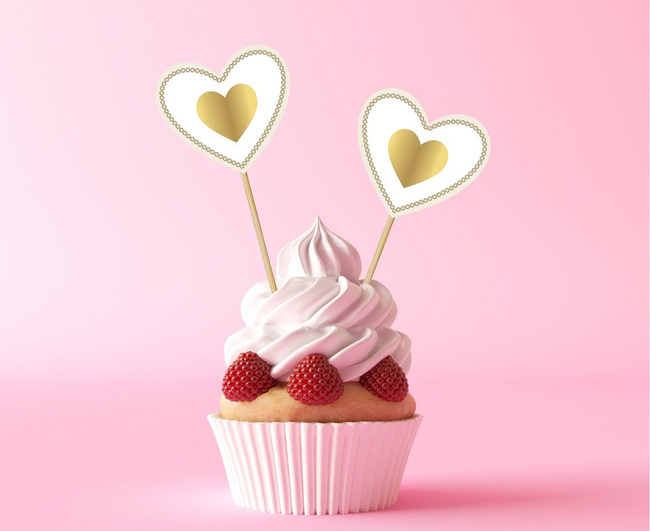 Dekoracja Bufetu - Piker Serduszko biało-złote 6 sztuk