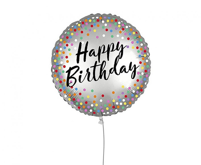 Balon foliowy 18" Happy Birthday dwustronny, srebrny