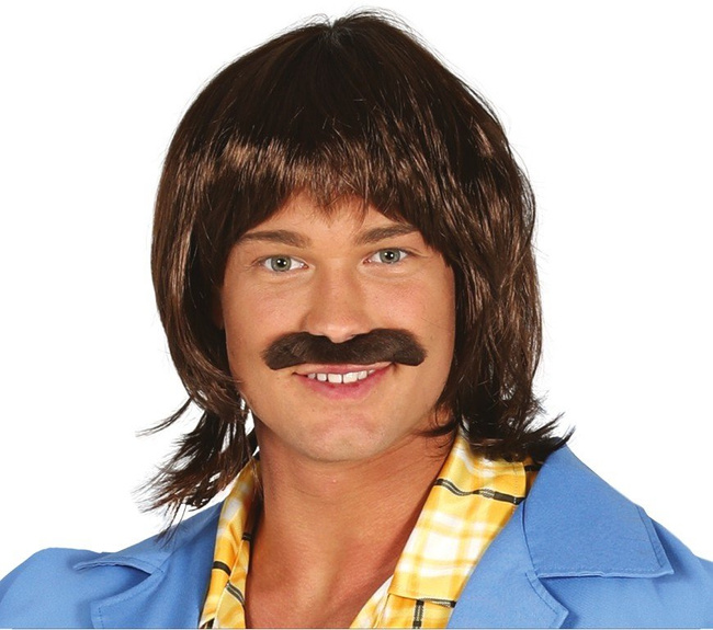 Peruka męska Lata 70-te z wąsami - brązowa