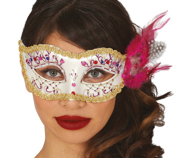Maska karnawałowa kremowo-złota z piórem