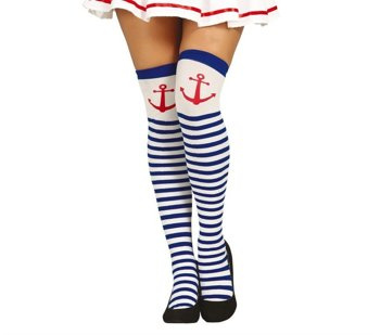 Pończochy w paski biało niebieskie - z kotwicą