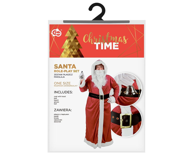 Kostium "Mikołaj" płaszcz + pas, broda, rękawiczki, dzwonek