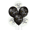 Balony 12" nadruk "Happy New Year" czarne, białe 6 sztuk