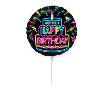 Balon foliowy 14" na patyczku - Tort Happy Birthday neon
