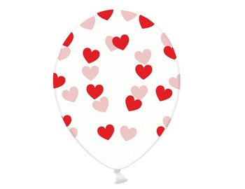 Balony 14'' nadruk "Serduszka" clear / czerwone 6 sztuk