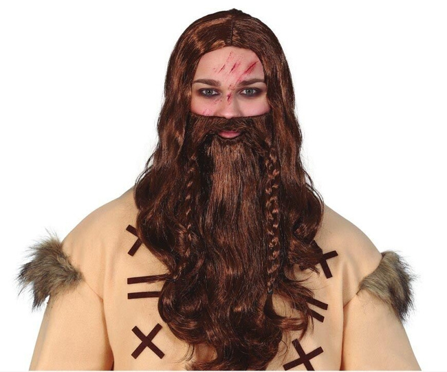 Peruka męska + Broda "Wiking" z warkoczami brązowa