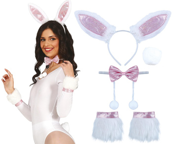 Zestaw króliczka: opaska z uszami, muszka, mankiety, ogonek