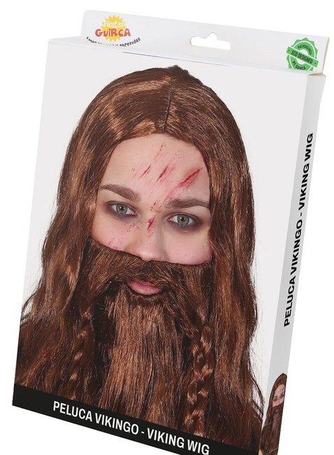 Peruka męska + Broda "Wiking" z warkoczami brązowa